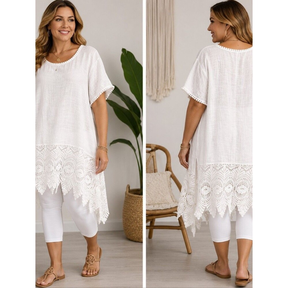 white gauze lace hem tunic top boho crochet trim beach cover up oversized blouse
